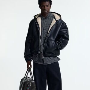 Men's Black Leather Jacket with Hood